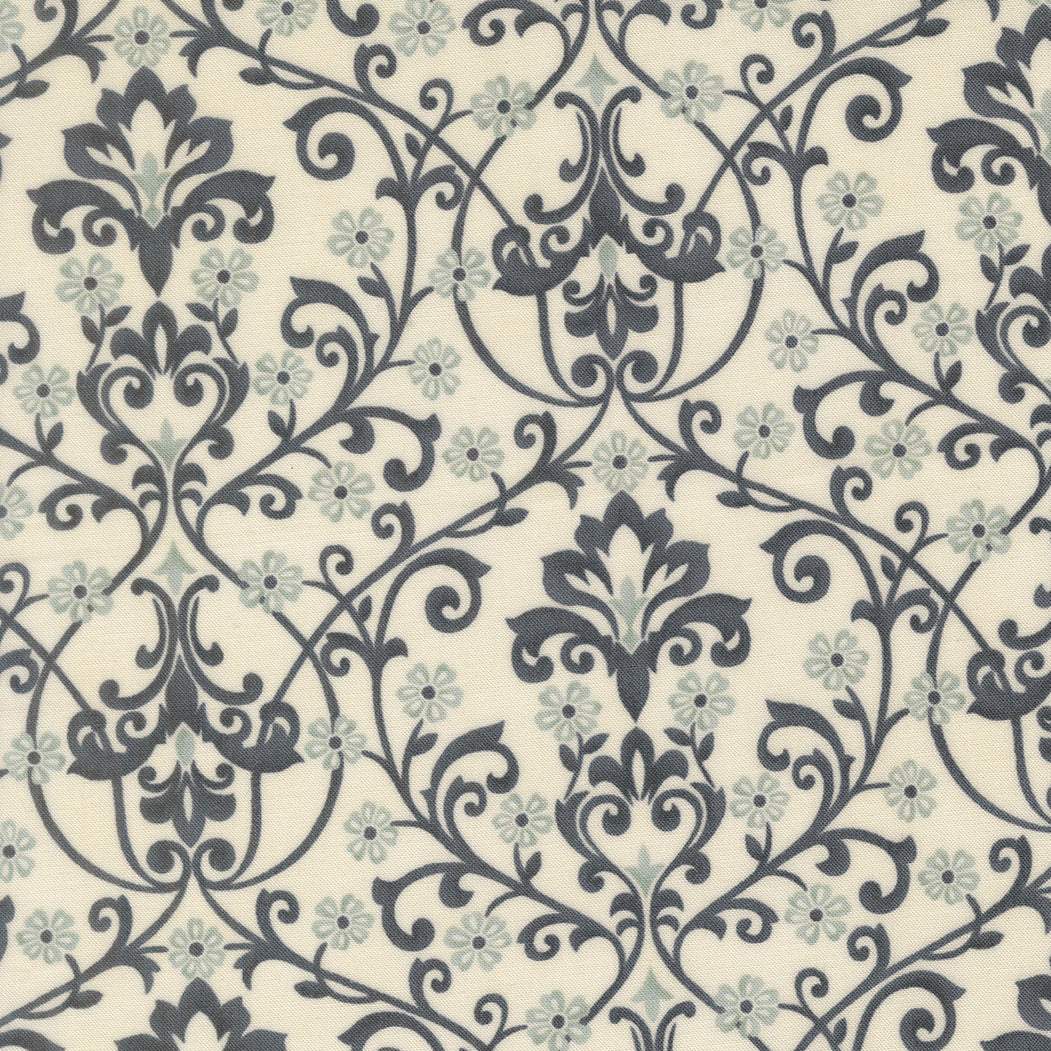 Breathtaking Blues Damask porcelain fabric with soft sky tones and deep navy florals by 3 Sisters for Moda Fabrics