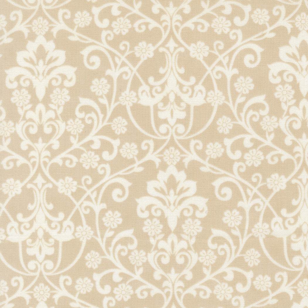 Breathtaking Blues Damask fabric by 3 Sisters in blue and ecru tones with floral patterns
