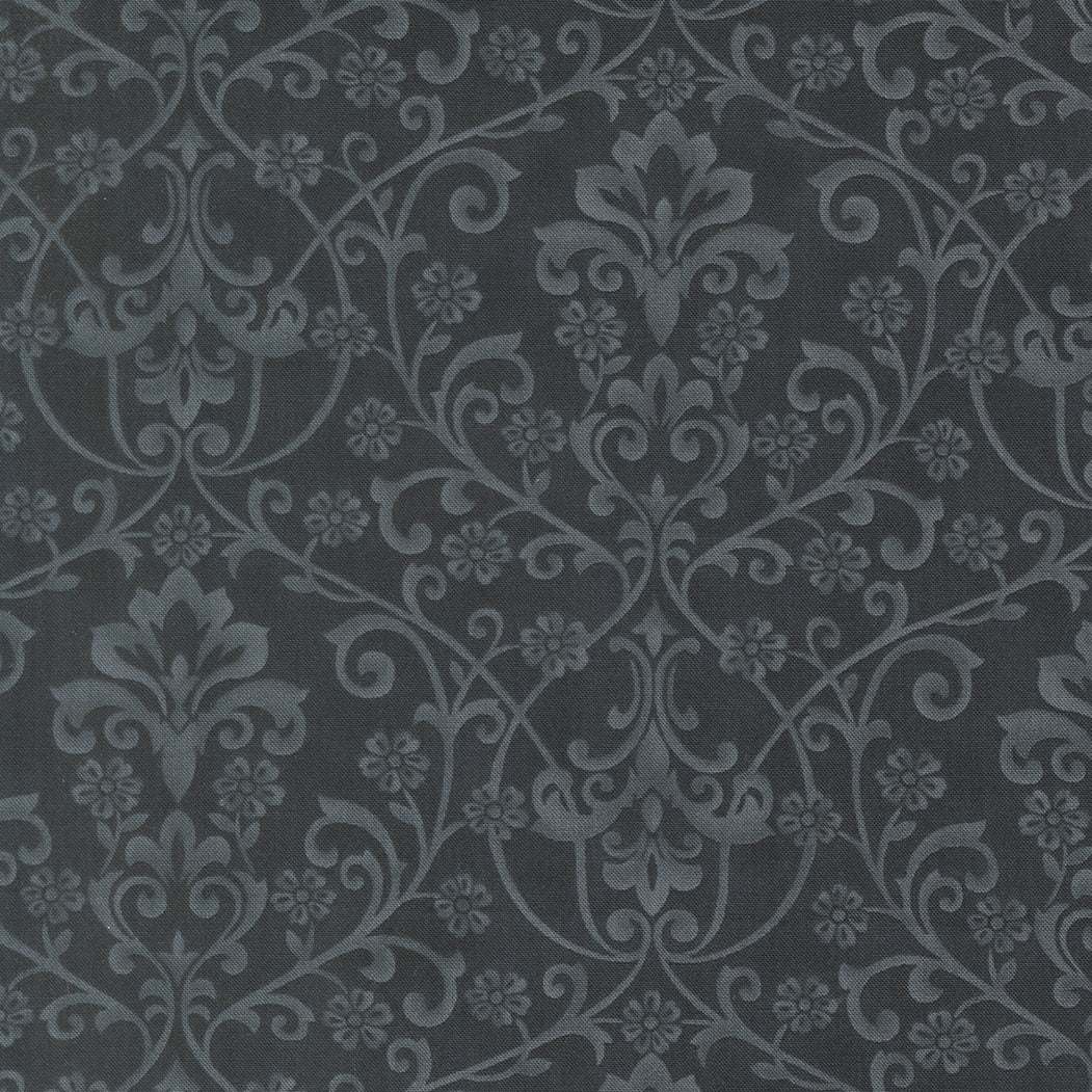 Breathtaking Blues Damask fabric with soft sky tones and deep navy florals