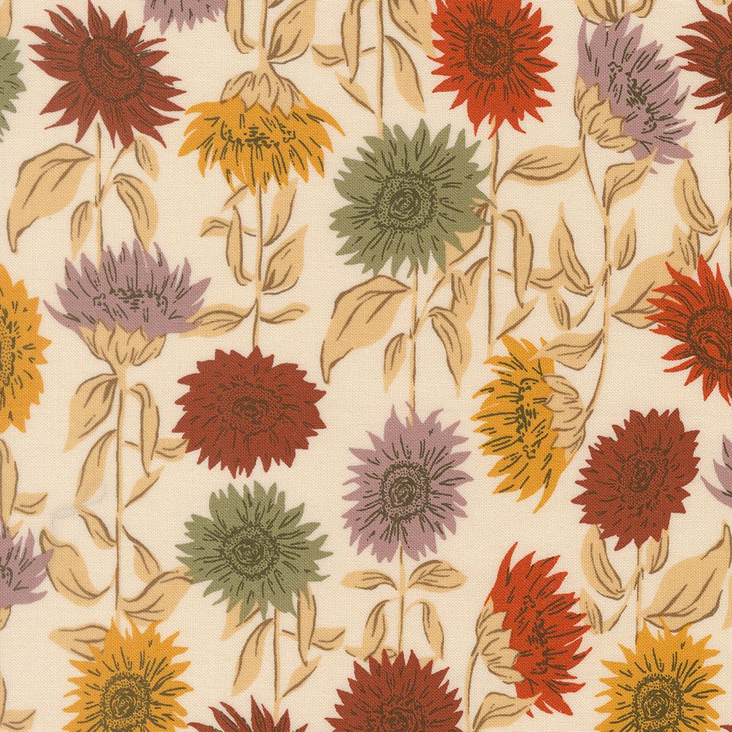 Windfall Sunflower fabric with autumn sunflowers and leaves in eggshell by Stephanie Sliwinski for Moda Fabrics