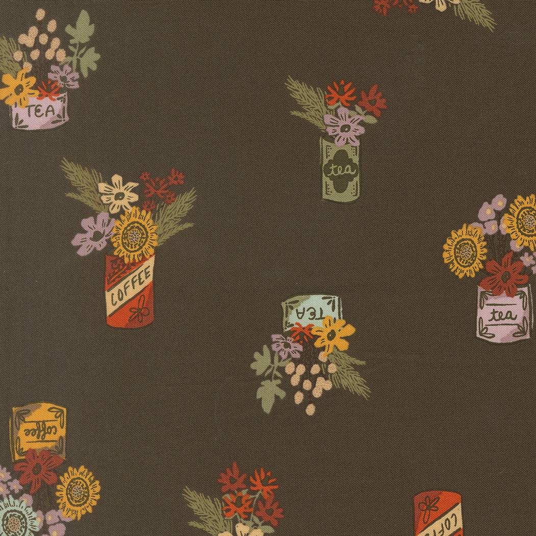 Windfall Vintage Flower Jars fabric in dark moss with autumn-inspired floral design by Stephanie Sliwinski