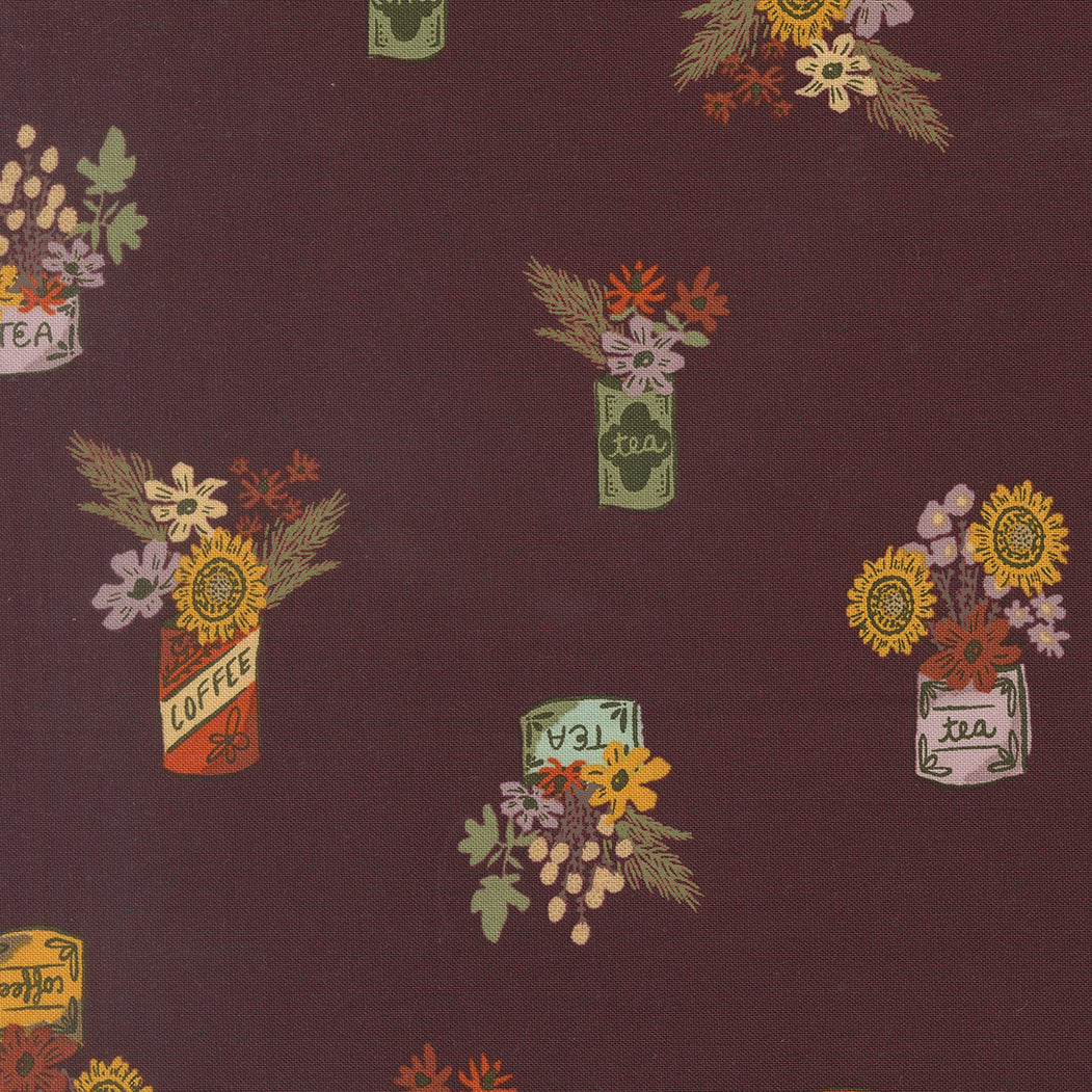 Windfall Vintage Flower Jars fabric by Stephanie Sliwinski featuring autumn-inspired floral jars in merlot tones