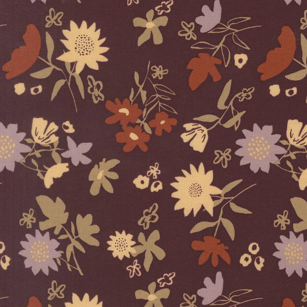 Windfall Playful Petals Merlot fabric with autumn leaves and petals design by Stephanie Sliwinski