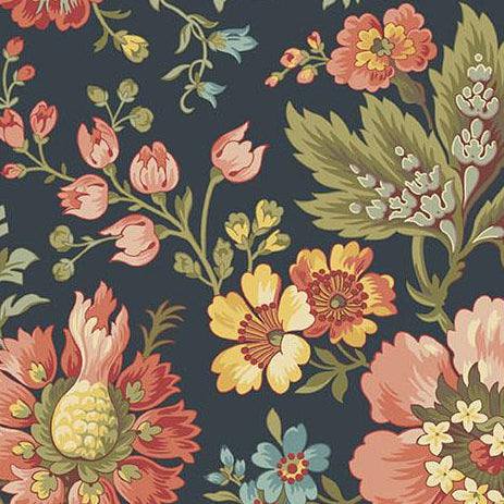 Farmer's Daughter Milk and Honey Midnight floral fabric by Edyta Sitar on dark background