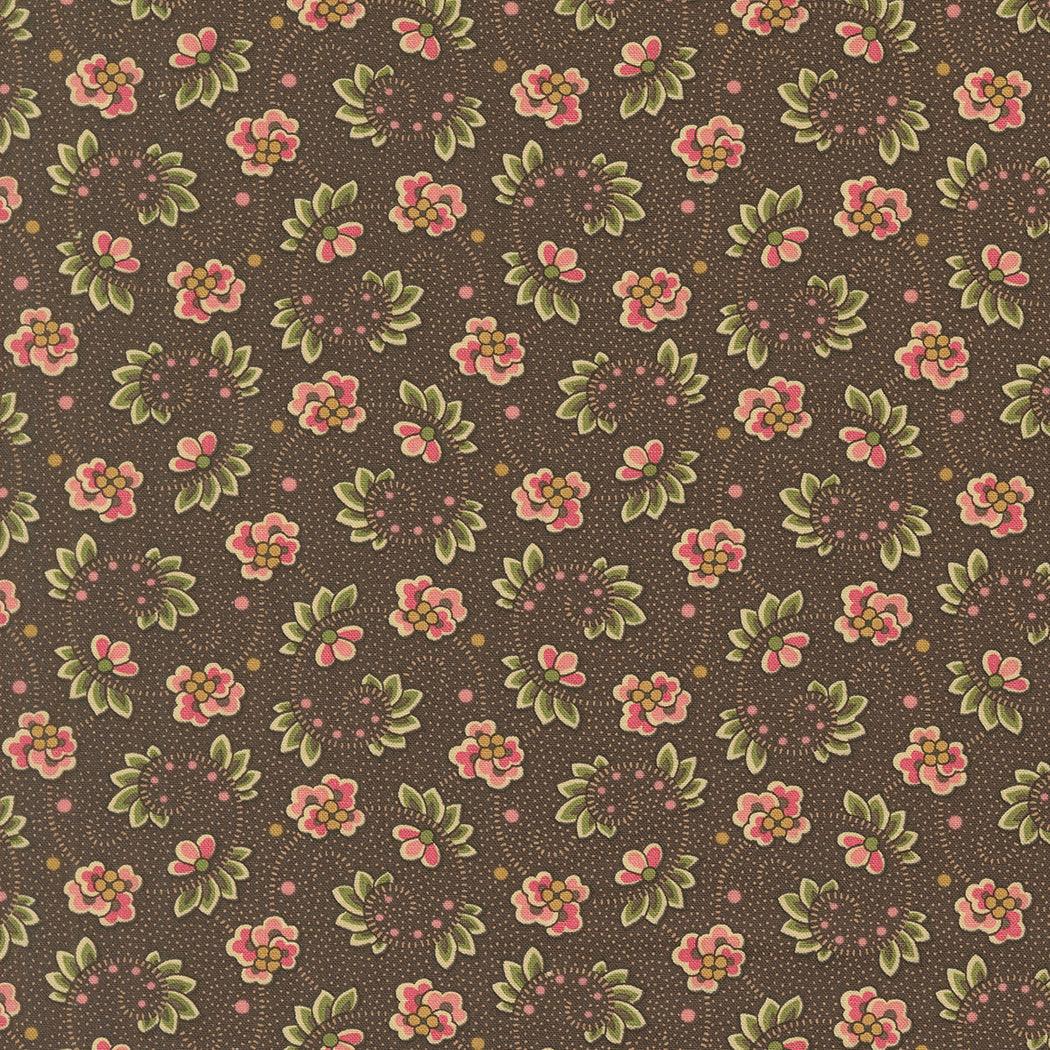 Chocolate Waltz Florals fabric with pink and green floral pattern on brown background from Collections for a Cause Unity by Marcus Howard for Moda Fabrics