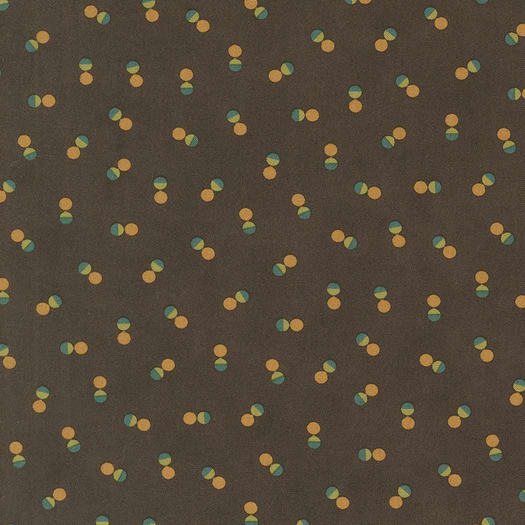 Moda Fabrics Collections for a Cause Unity Chocolate Twin Dots fabric with small yellow and teal dots on brown background