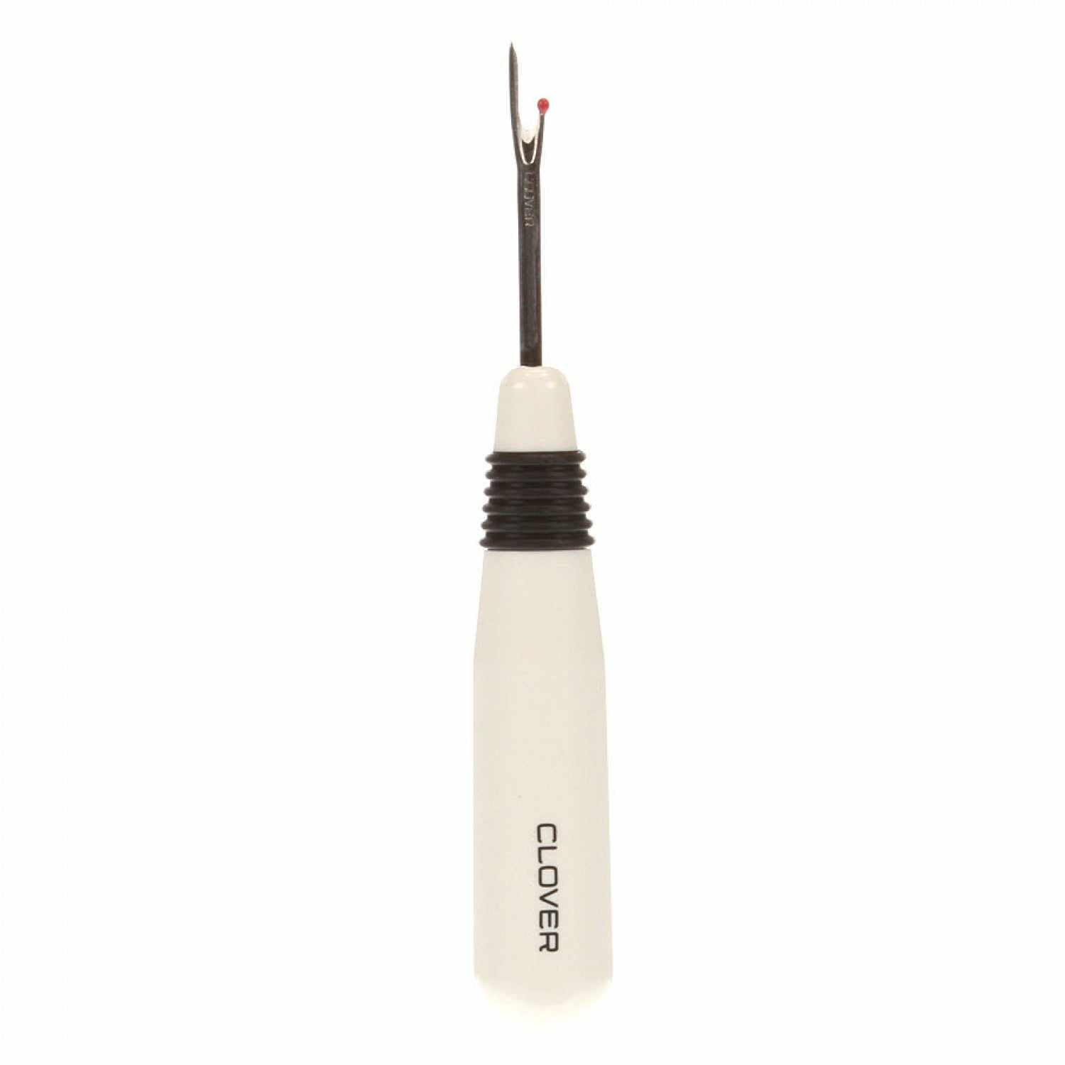 White plastic and metal Clover Needlecraft seam ripper with non-slip handle for precise thread cutting
