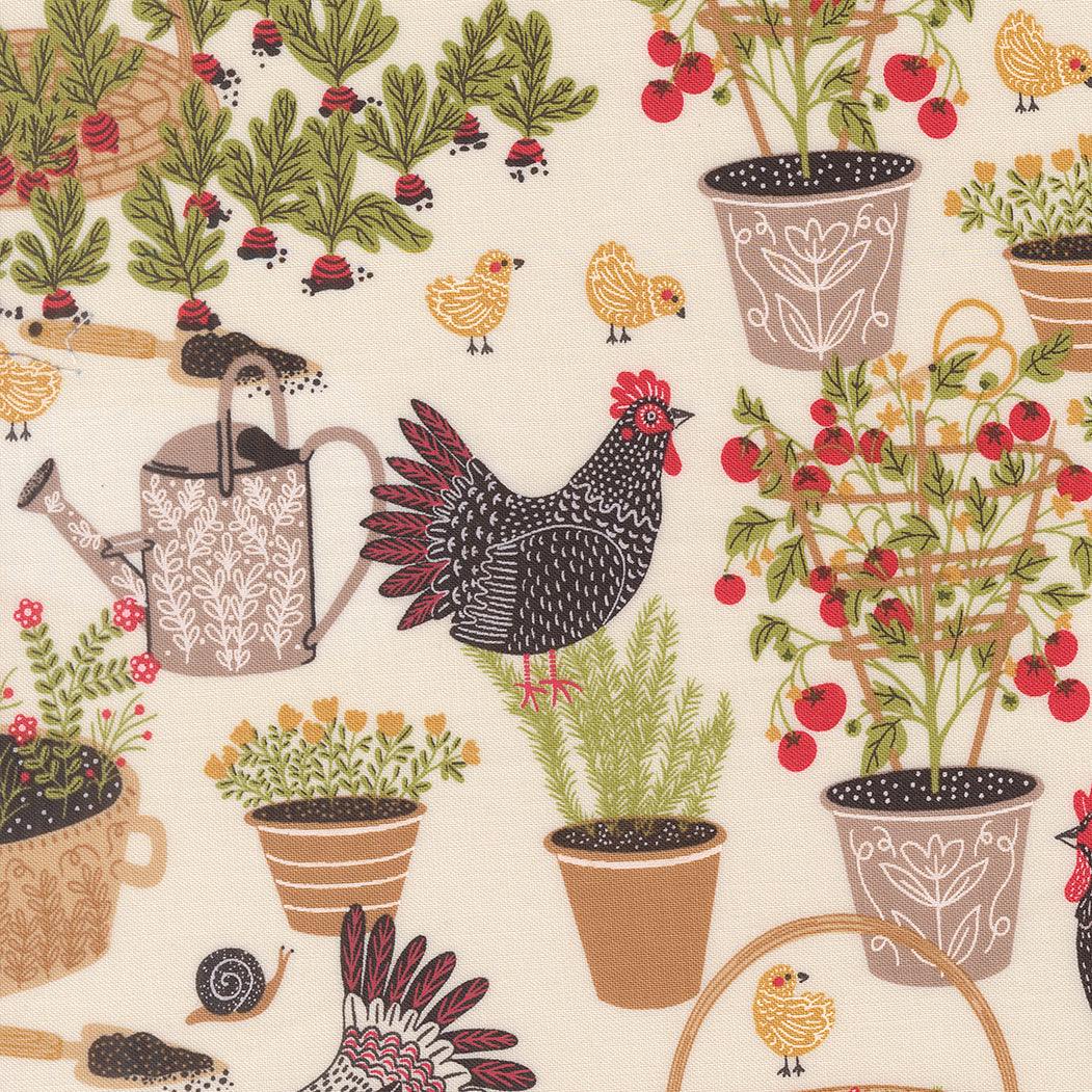 The Henhouse Chicken Garden Cloud fabric by Gingiber in warm country colors featuring hens, chicks, and eggs