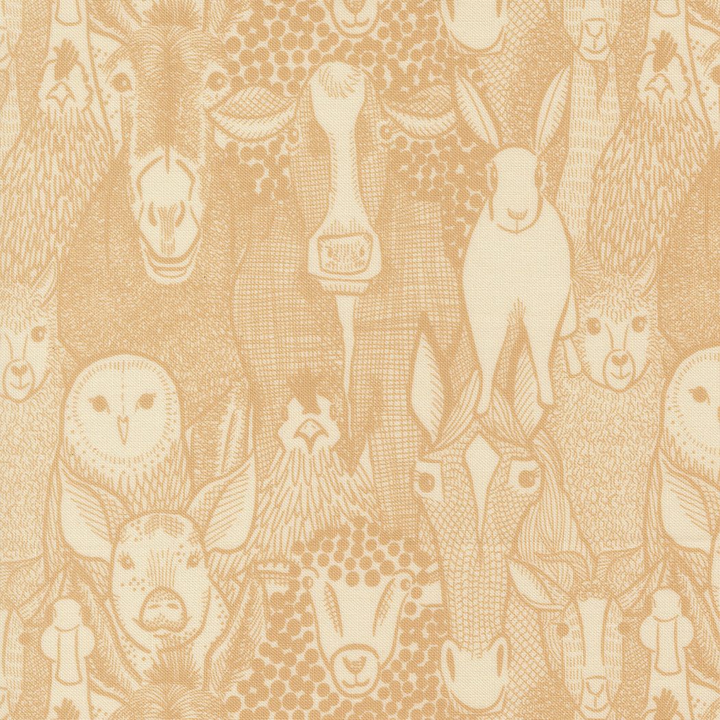 The Henhouse Barnyard Faces Hay fabric by Gingiber for Moda Fabrics featuring rustic barnyard animals in warm, cheerful colors