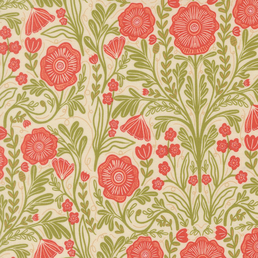 The Henhouse Poppy Florals fabric by Gingiber featuring rustic barnyard-themed floral prints in warm sunny colors