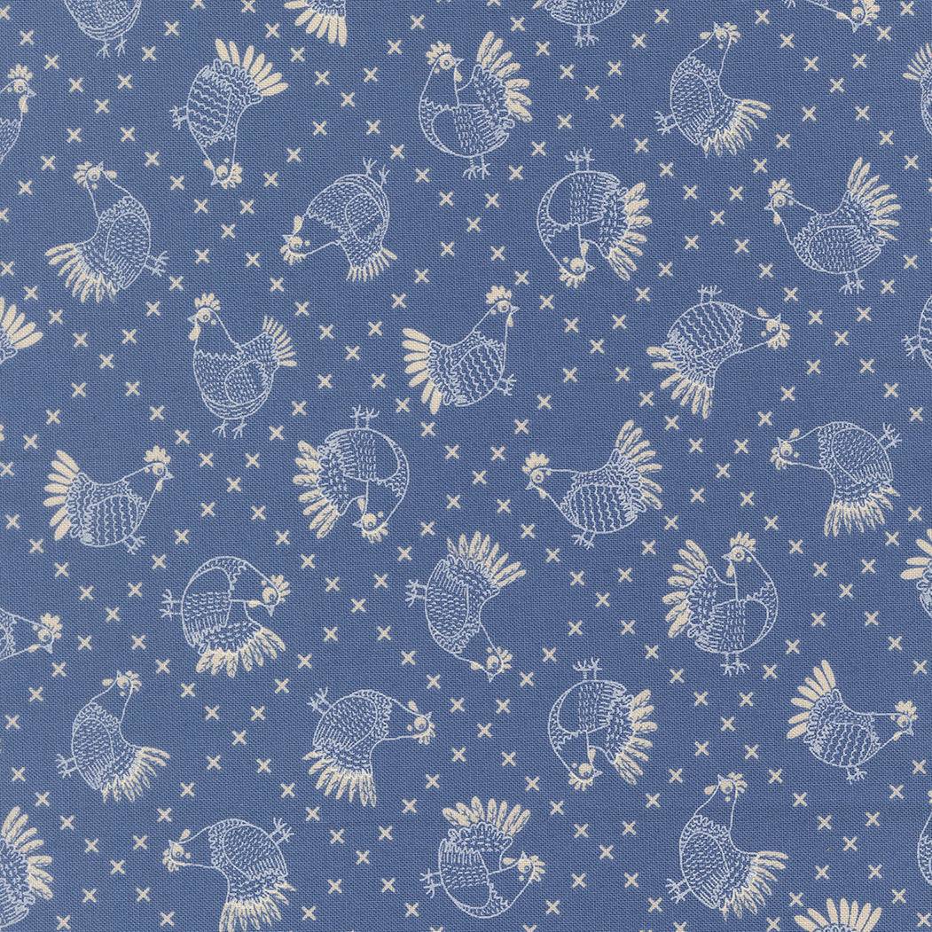 The Henhouse Crossed Stitch fabric with cobalt blue chickens by Gingiber for Moda Fabrics