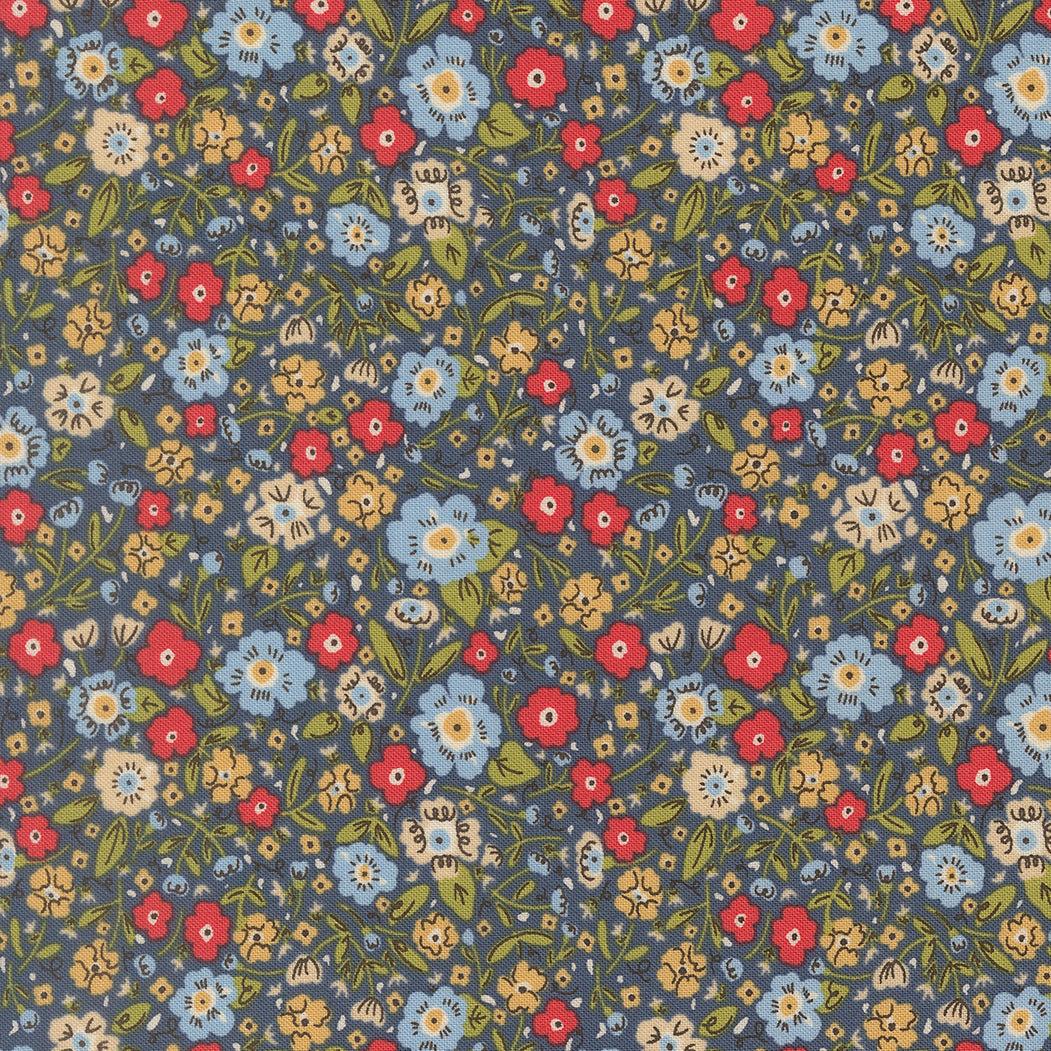 The Henhouse Calico small floral denim fabric by Gingiber for Moda Fabrics showing country-inspired floral pattern