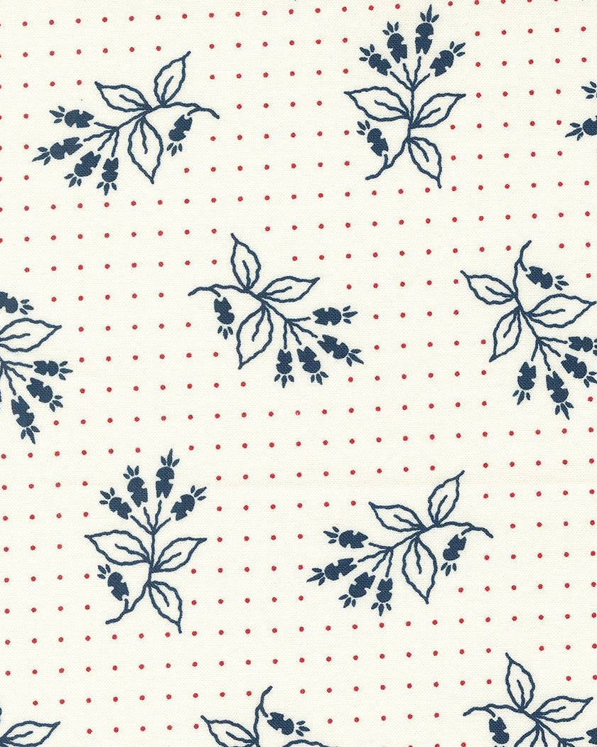 American Gatherings II Dove Liberty Florals fabric with blue floral motifs and red dots on cream background by Primitive Gatherings