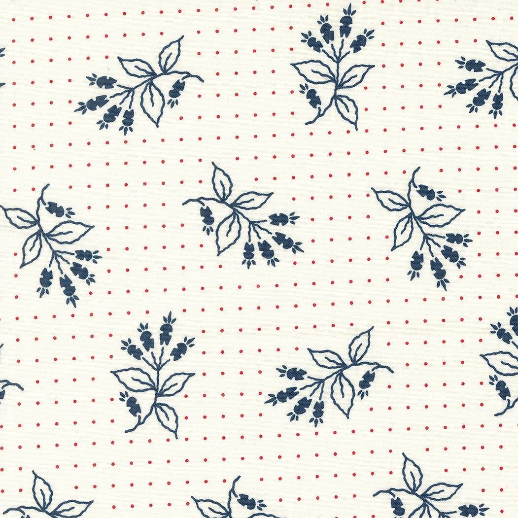 American Gatherings II Dove Liberty Florals fabric with blue floral motifs and red dots on cream background by Primitive Gatherings