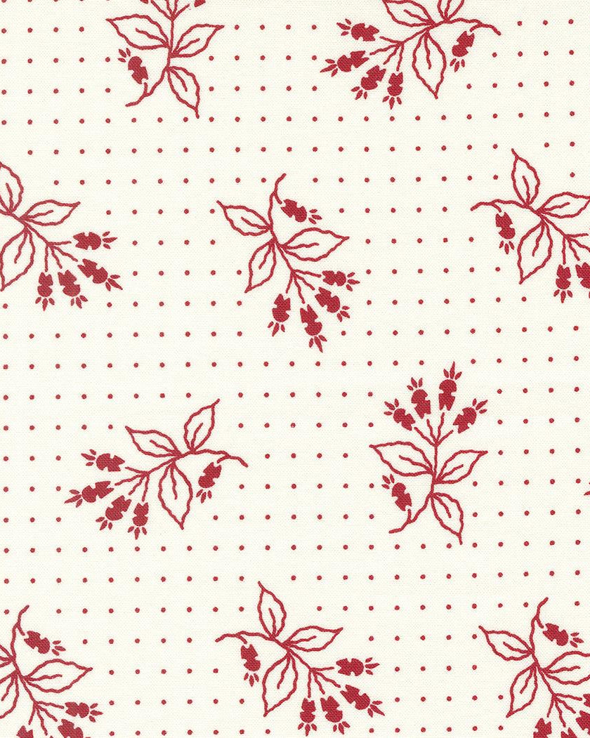 American Gatherings II Dove Heather Liberty Florals fabric by Primitive Gatherings with red floral and dotted design on white background