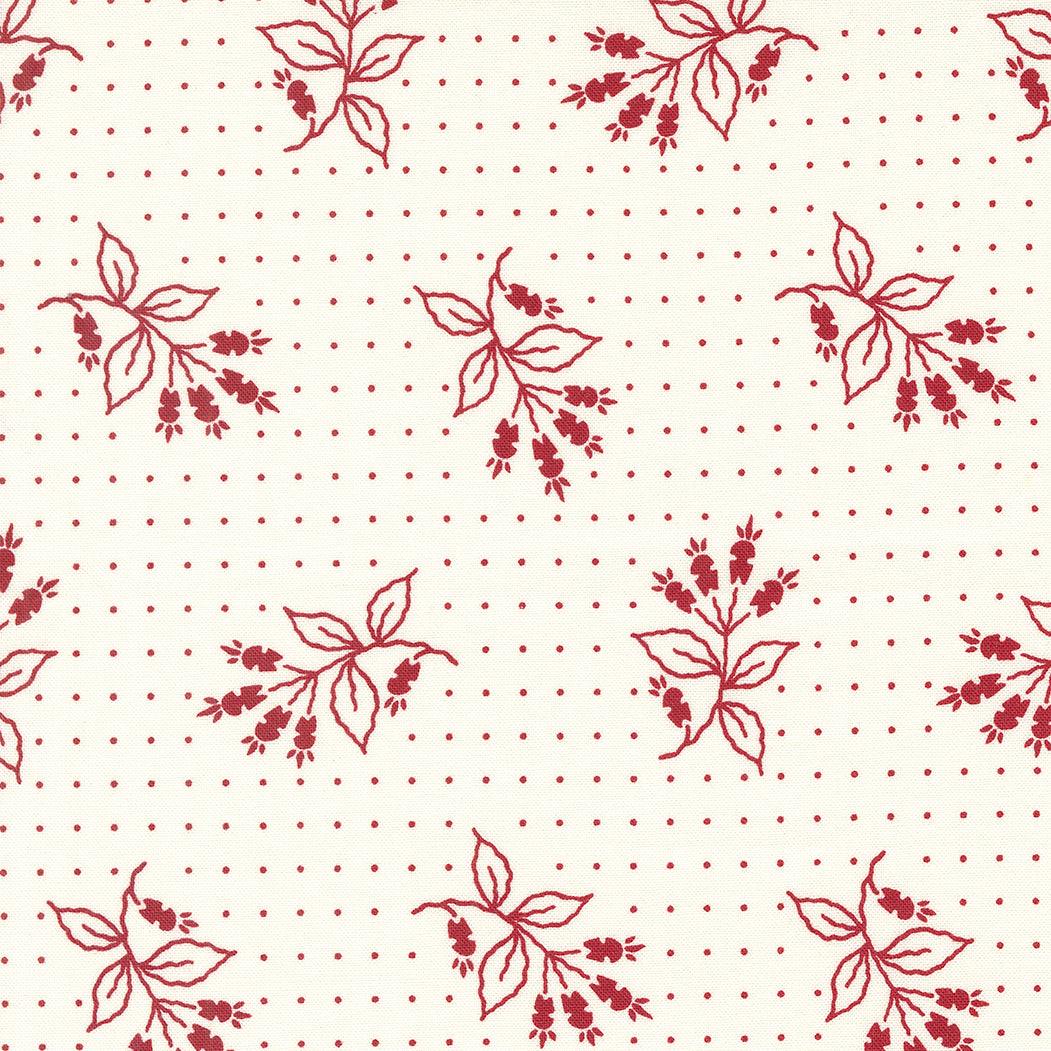 American Gatherings II Dove Heather Liberty Florals fabric by Primitive Gatherings with red floral and dotted design on white background