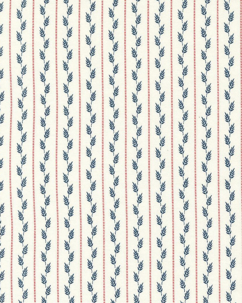 American Gatherings II Dove Wheat Row Strips fabric by Primitive Gatherings with blue leaves and red stripes pattern