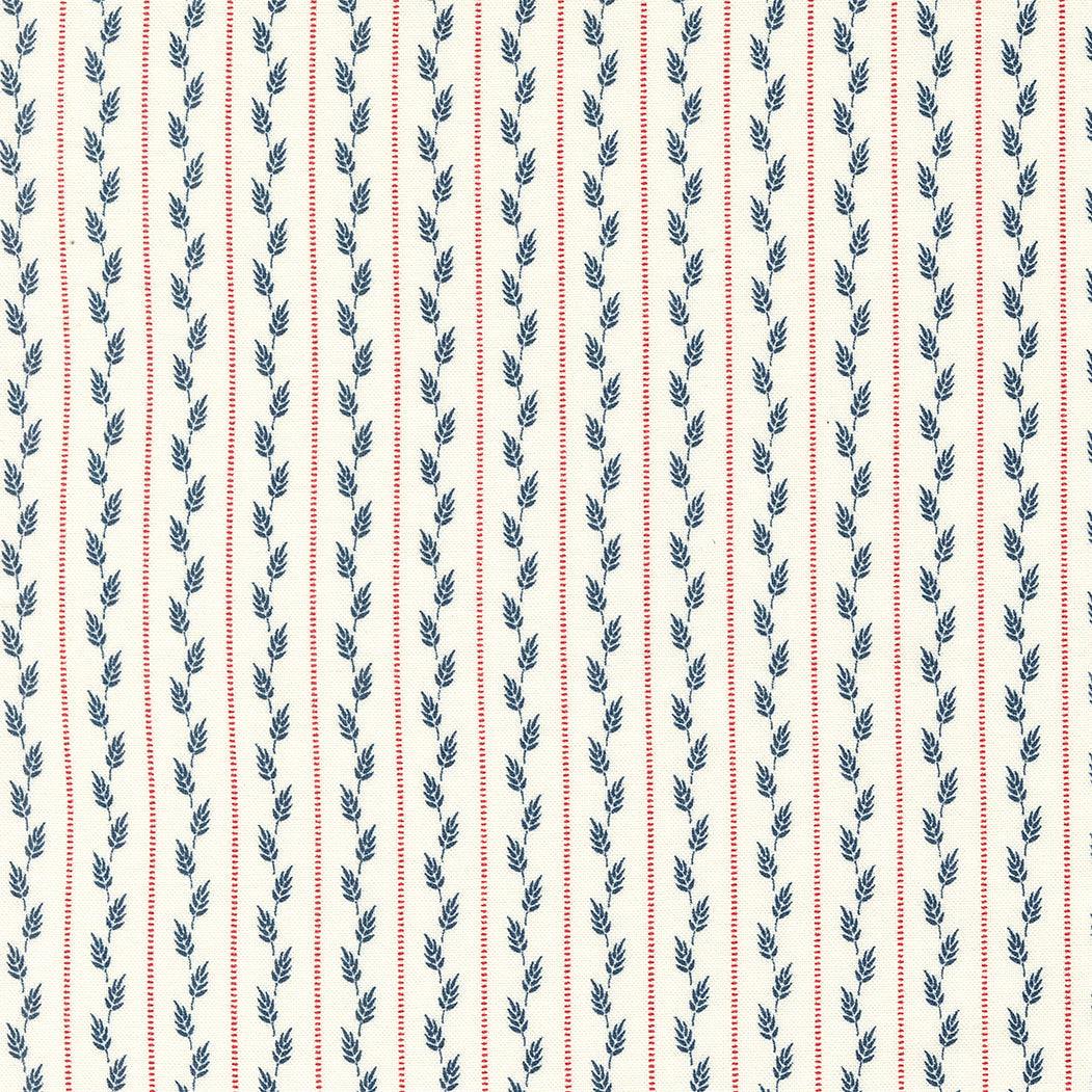 American Gatherings II Dove Wheat Row Strips fabric by Primitive Gatherings with blue leaves and red stripes pattern