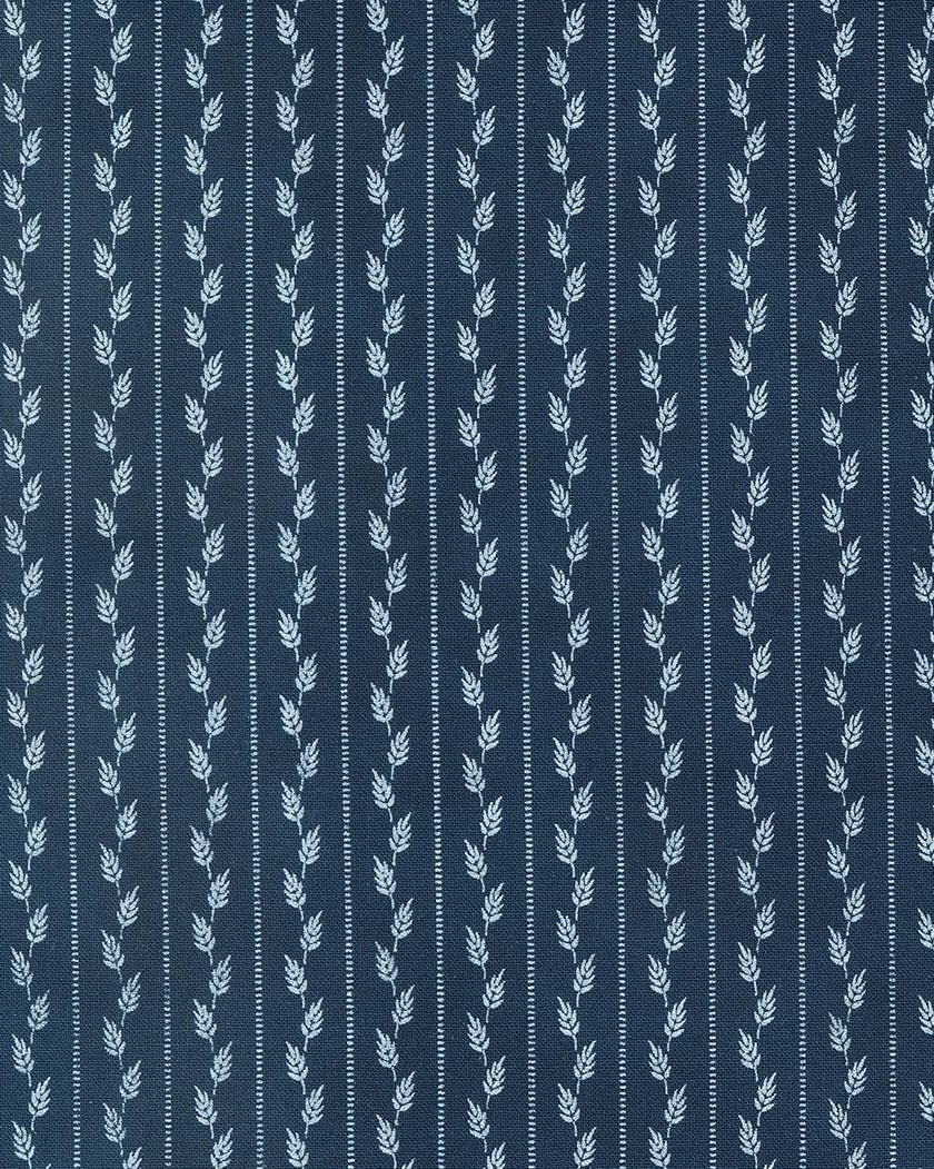Primitive Gatherings Loyal Blue Wheat Row Stripes fabric with vertical wheat patterns on blue background