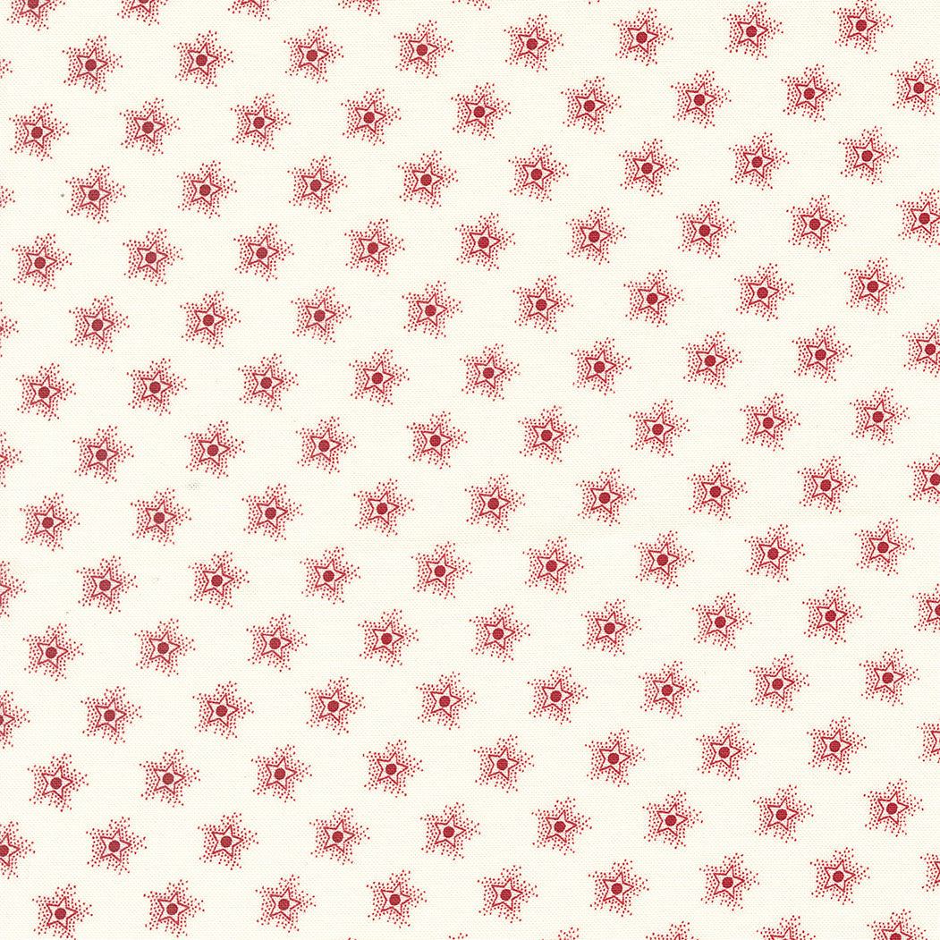 Primitive Gatherings American Gatherings II Dove Heather Star Sparkle fabric with red star pattern on white background