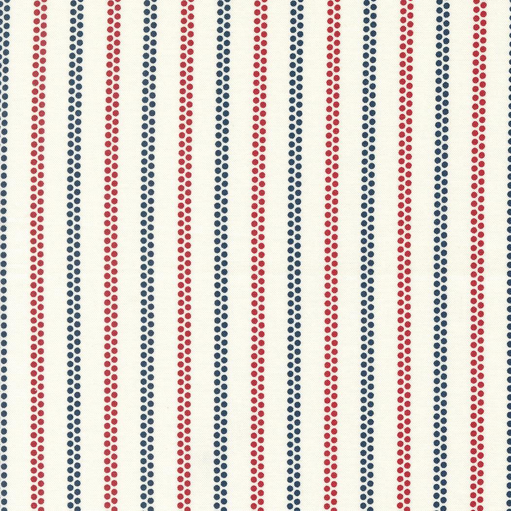 American Gatherings II fabric with red and blue dot stripe pattern by Primitive Gatherings for patriotic decor