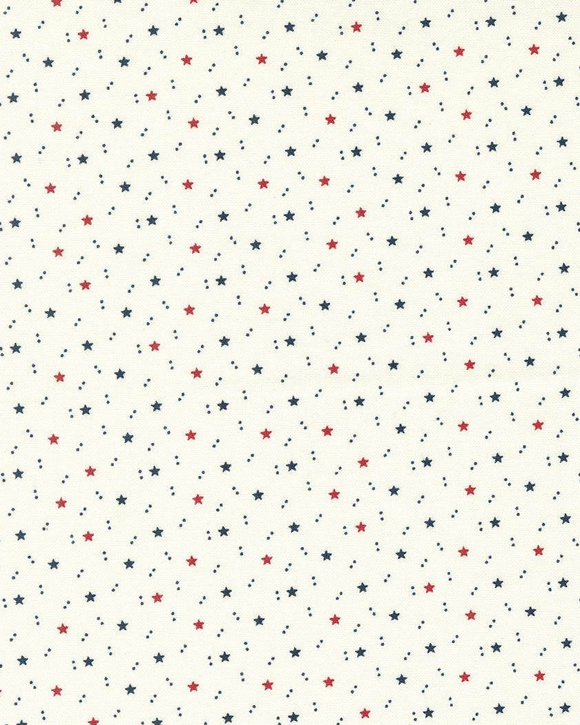 American Gatherings II fabric by Primitive Gatherings featuring red and blue stars on white background