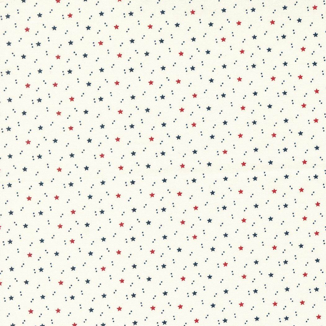 American Gatherings II fabric by Primitive Gatherings featuring red and blue stars on white background