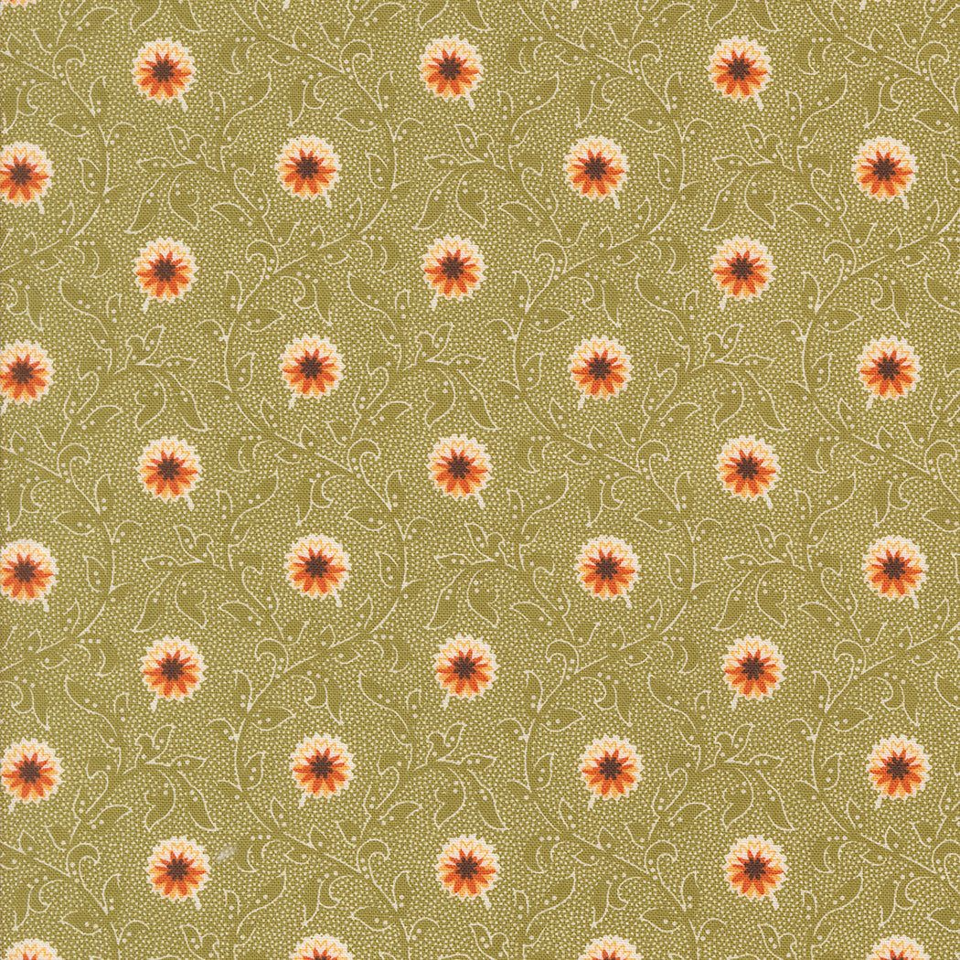 Pumpkin Spice autumn-themed cotton fabric with orange flowers on basil green background by Lisa Bongean for Moda Fabrics