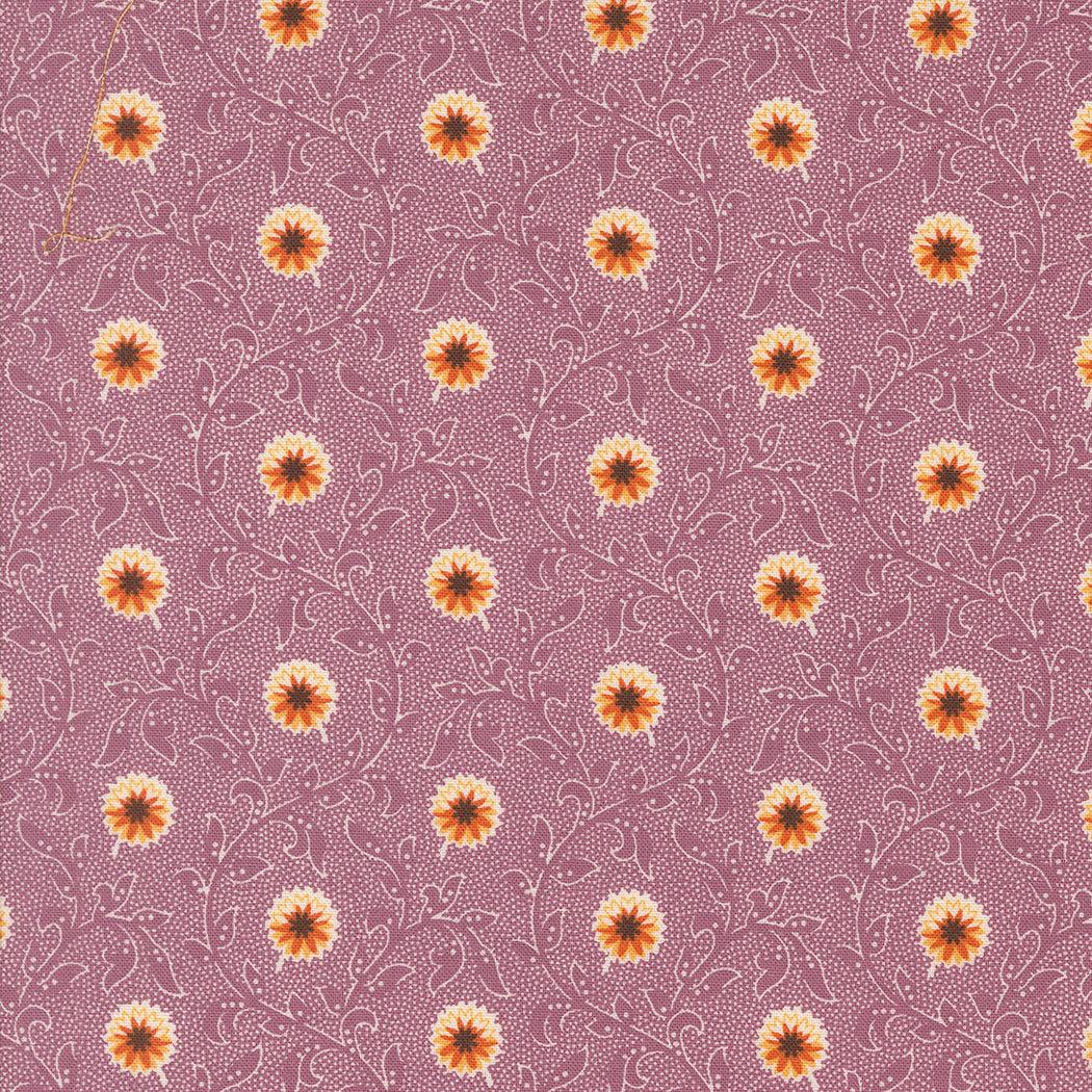 Pumpkin Spice autumn-themed cotton fabric in mulberry with orange floral pattern by Lisa Bongean for Moda Fabrics