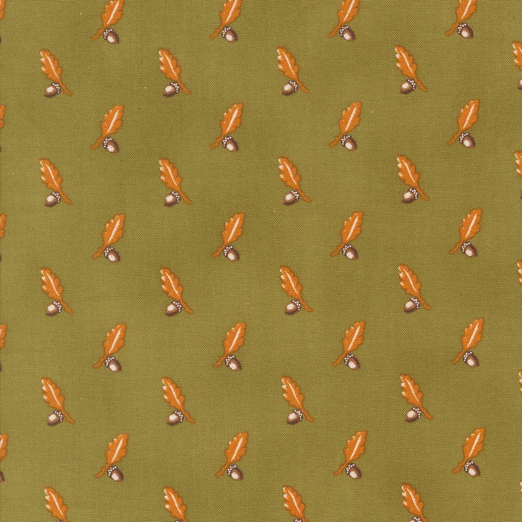 Pumpkin Spice cotton fabric by Lisa Bongean featuring orange leaves and acorns on basil green background for autumn quilting