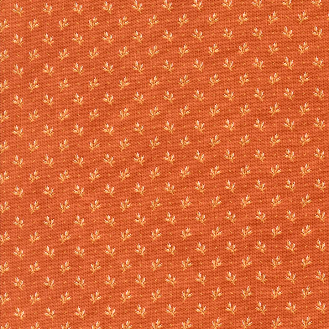 Pumpkin Spice autumn-themed cotton fabric with small fall leaf print in orange by Lisa Bongean for Moda Fabrics