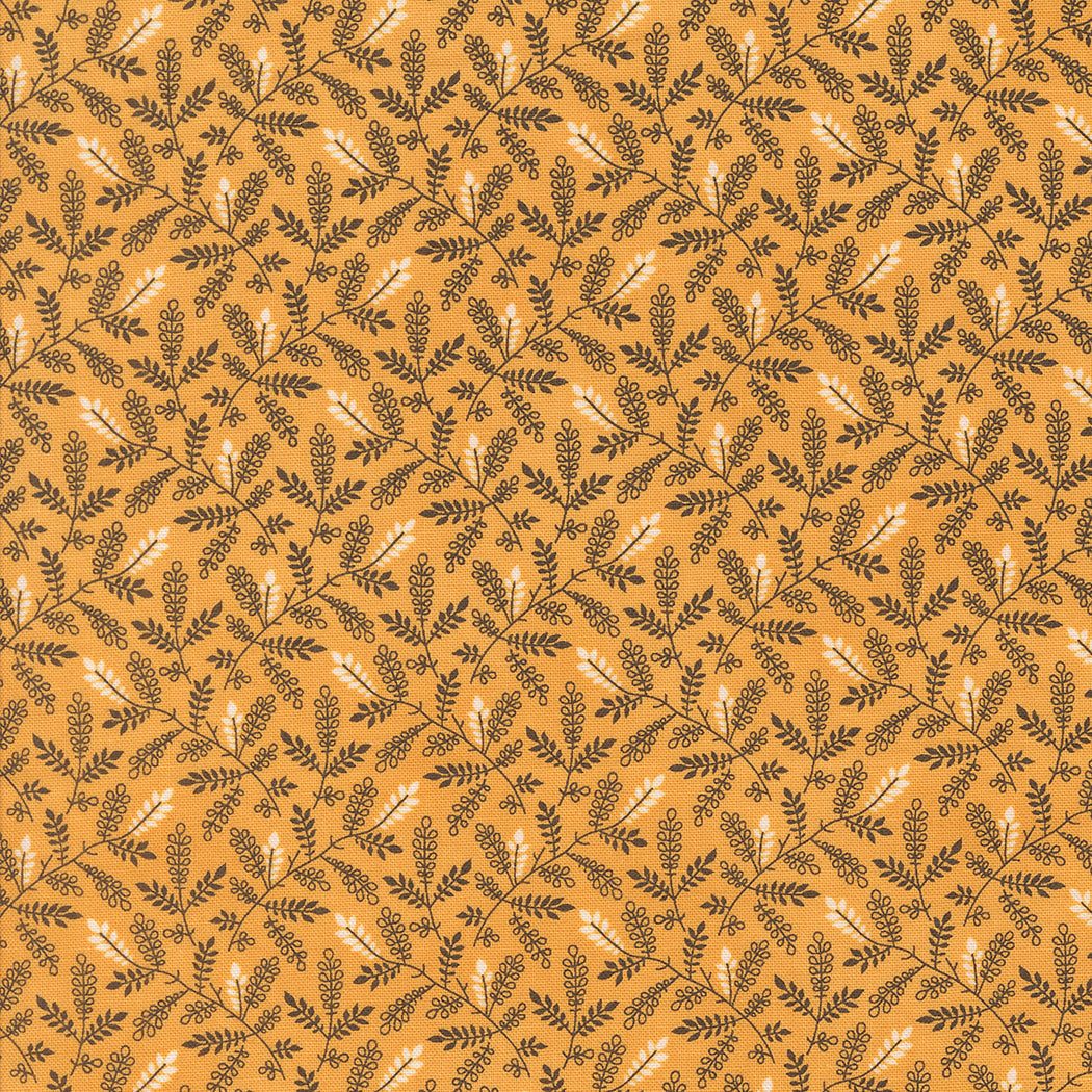 Pumpkin Spice autumn-themed cotton fabric with fall leaf and stripe prints in orange and black by Lisa Bongean