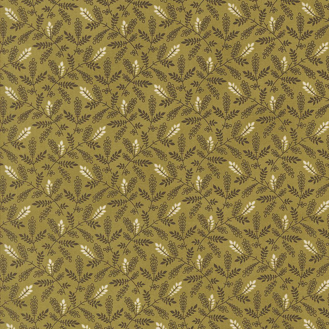 Pumpkin Spice autumn-themed cotton fabric by Lisa Bongean with basil green background and delicate fall leaf prints