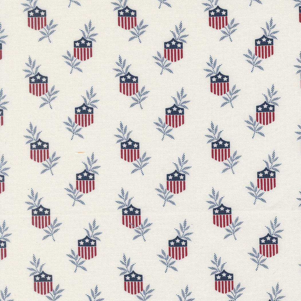 American Gatherings III Star Shield Cloud fabric by Primitive Gatherings with patriotic shield pattern on white background