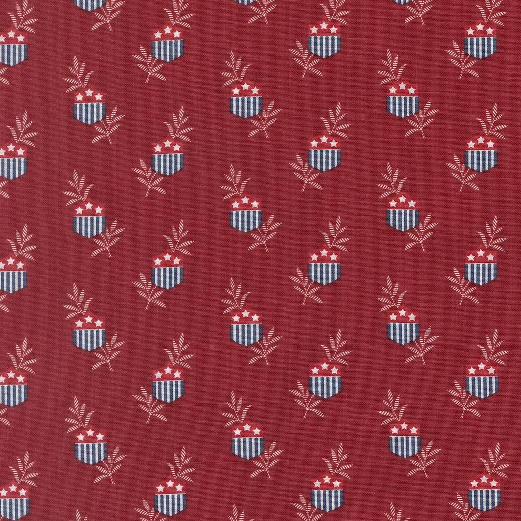 American Gatherings III Star Shield Deep Crimson fabric with patriotic shield and stars pattern on red background