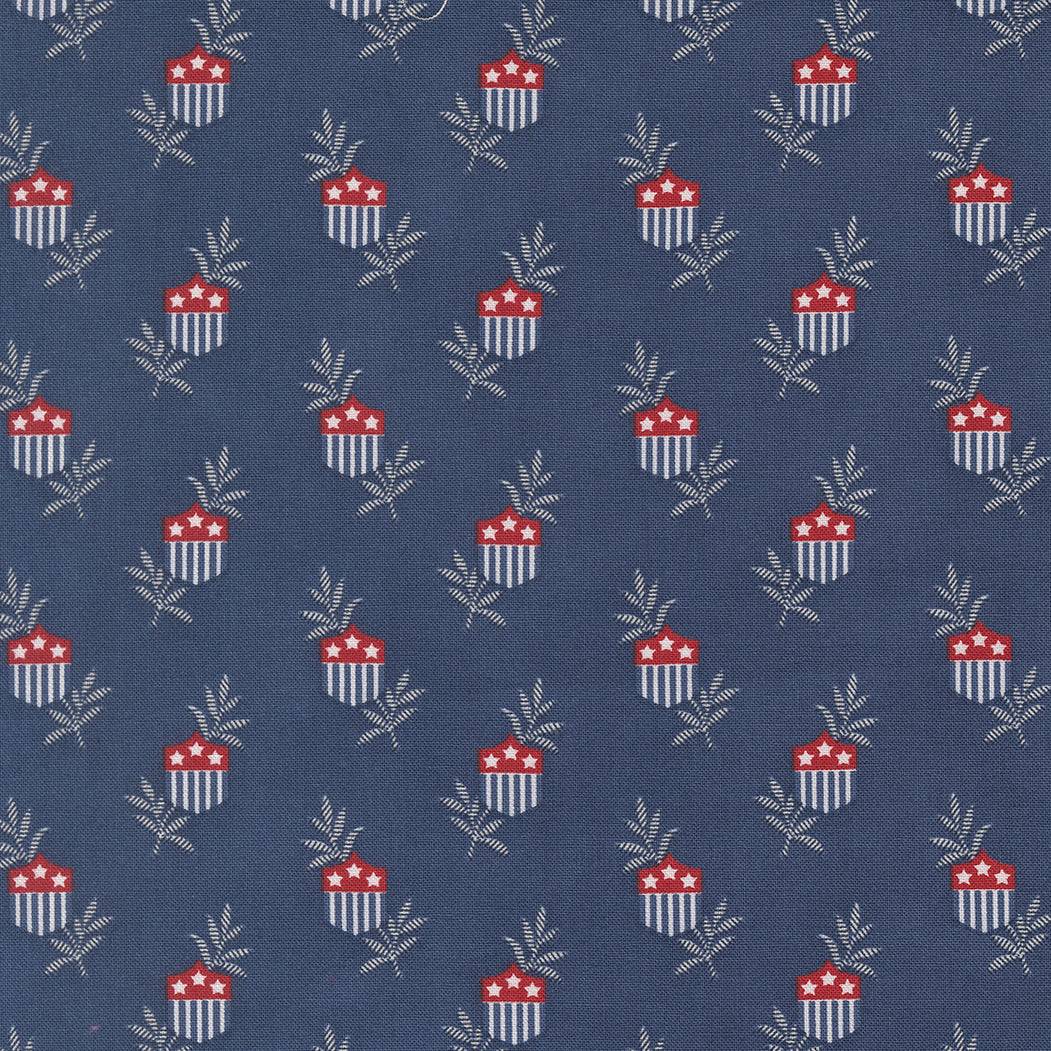 American Gatherings III Star Shield Nautical Blue fabric by Primitive Gatherings with patriotic shield pattern on blue background