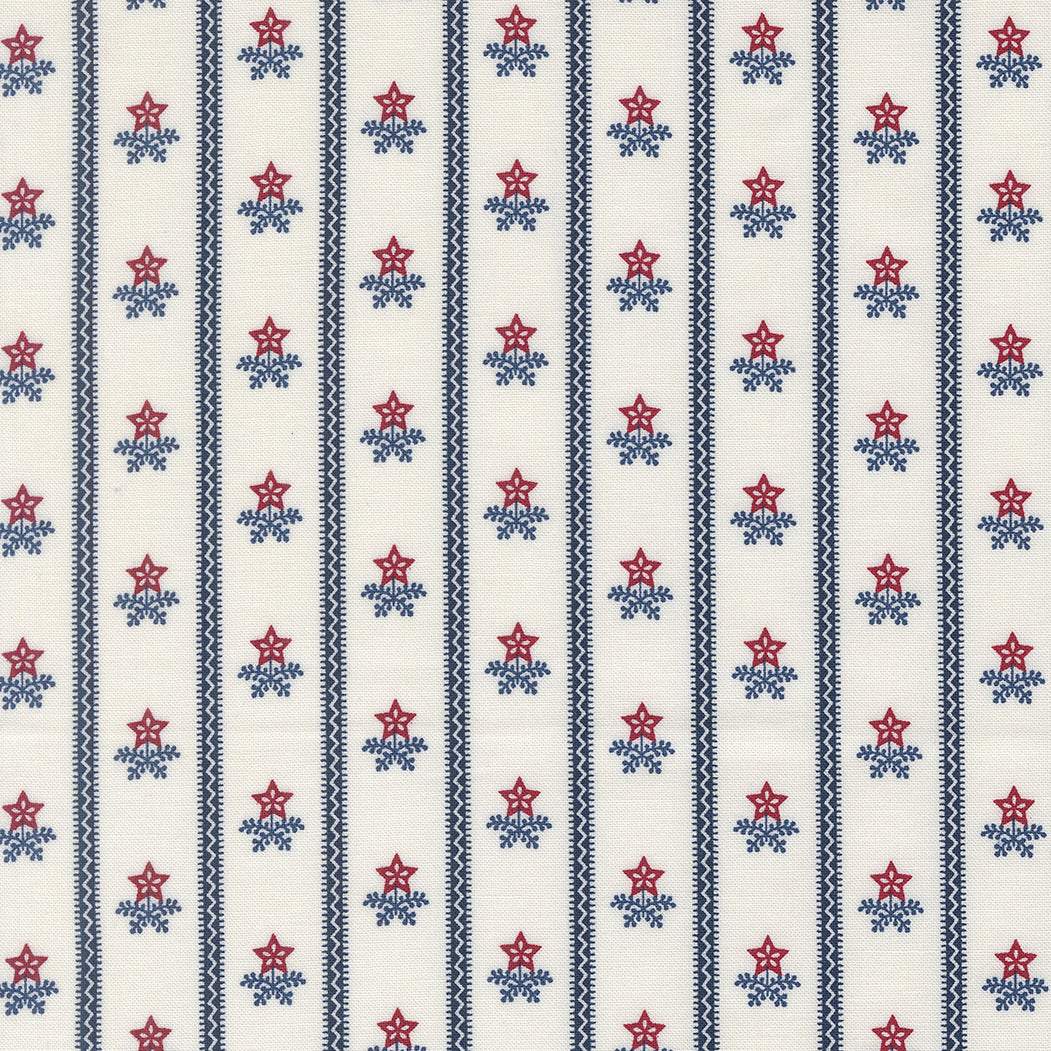 American Gatherings III fabric with red stars and blue bouquet stripes on cloud background by Primitive Gatherings for Moda Fabrics