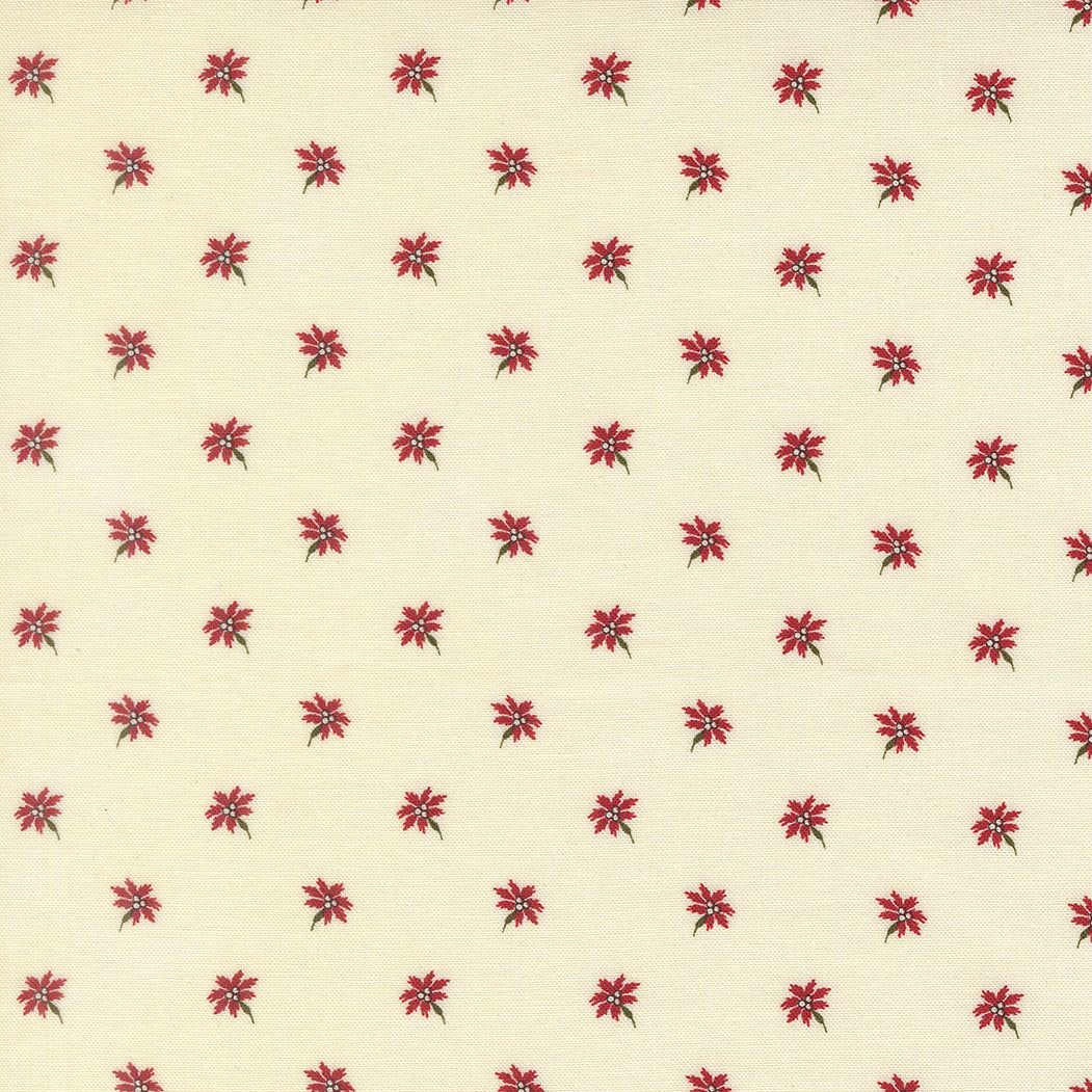 Joyful Gatherings II Poinsettia Cloud fabric panel with holiday motifs in red, green, and cream by Lisa Bongean