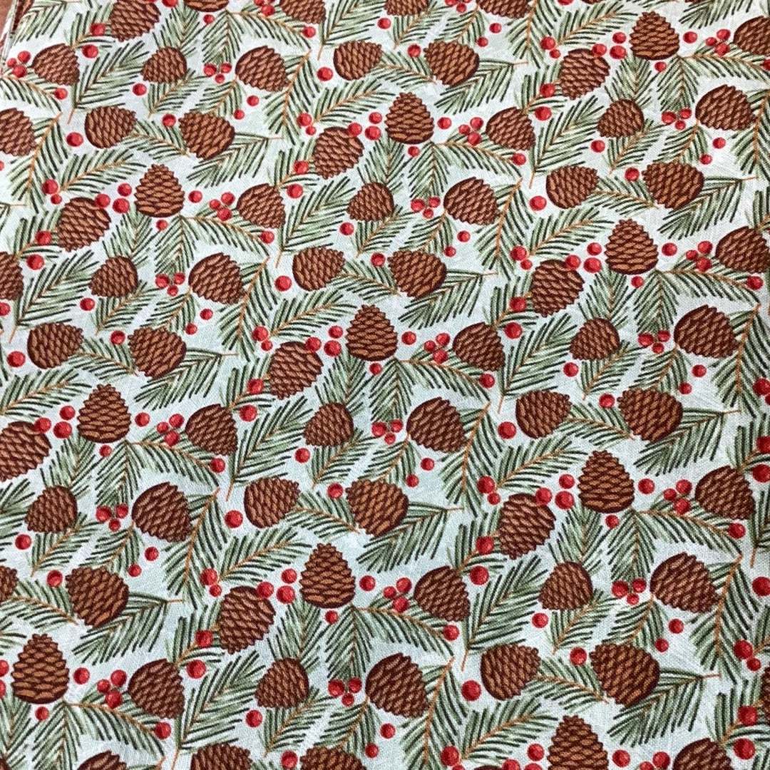 Sale Backing BB40 fabric with pine cones and red berries pattern