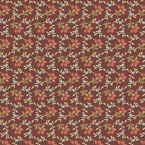 Farmer's Daughter Sweet Clover Scarlet floral fabric by Edyta Sitar with vintage rustic design on brown background