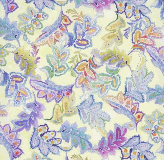 Daydreams Large Leaves fabric with vibrant watercolor floral and leaf pattern in purple, blue, and yellow tones