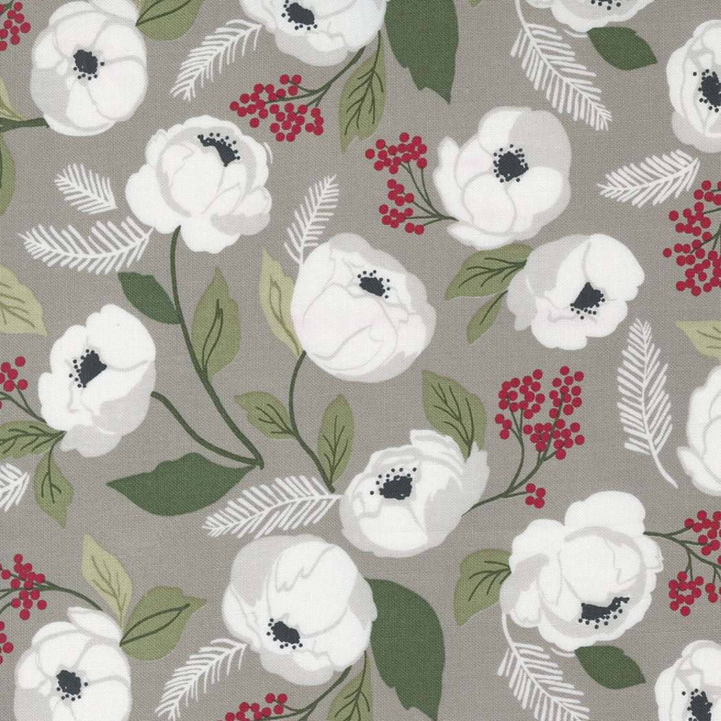 4 1/4 yard backing fabric with white flowers, green leaves, and red berries for Christmas quilting projects