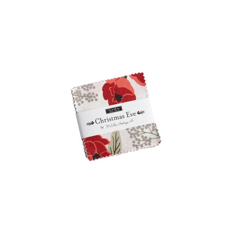 Christmas Eve Mini-Charm Pack with wreaths and florals in red and green by Lella Boutique for Moda Fabrics