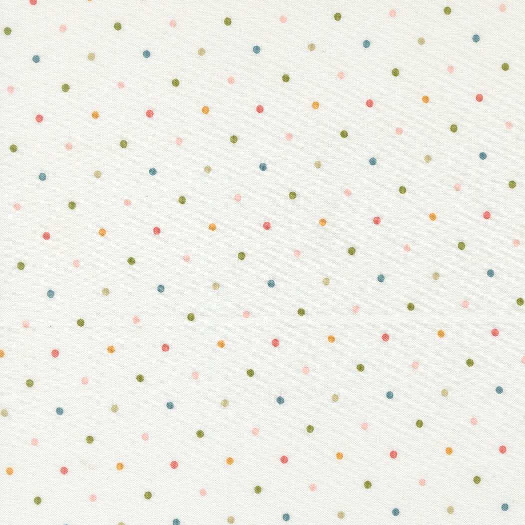 Wild Honey Magic Dot Daisy fabric with multicolor dots on white background by Lella Boutique for Moda