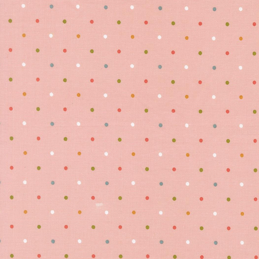 Wild Honey Magic Dot Carnation fabric with multicolored dots on a pink background by Lella Boutique