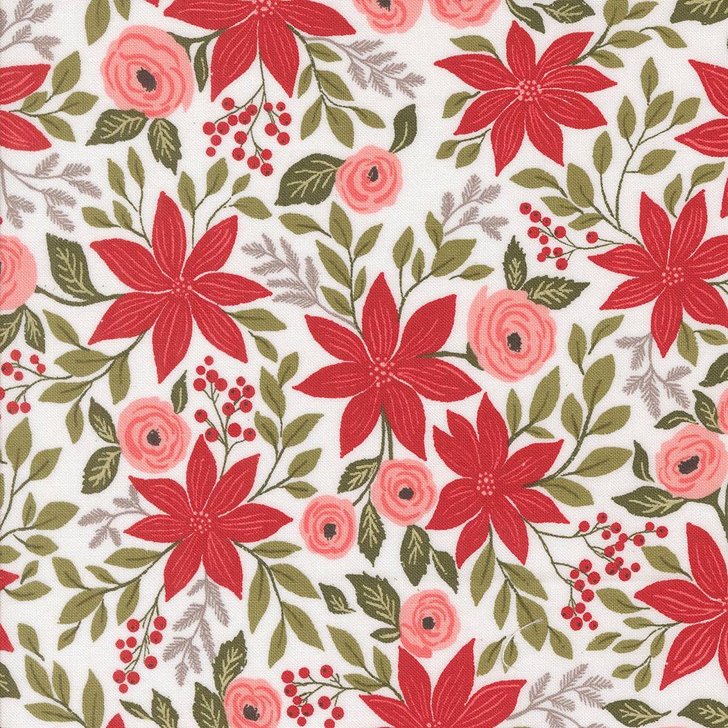 Berry & Pine Christmas fabric with red poinsettias, berries, and green foliage by Vanessa Goertzen
