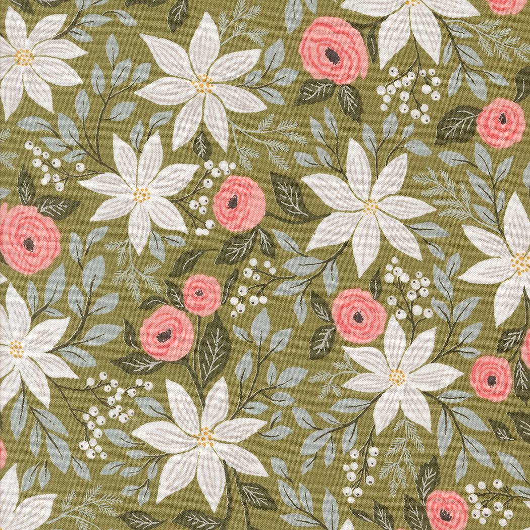 Berry & Pine fabric with sage poinsettia, pink roses, and winter greenery floral pattern