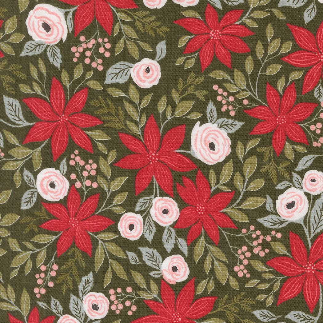Berry & Pine fabric with red poinsettias, wintergreen leaves, and pink berries on olive background by Vanessa Goertzen for Moda Fabrics