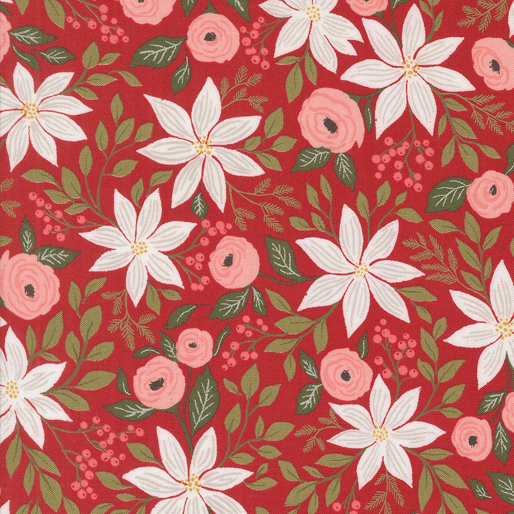 Berry & Pine Christmas floral fabric with poinsettias, berries, and pine leaves on red background by Vanessa Goertzen