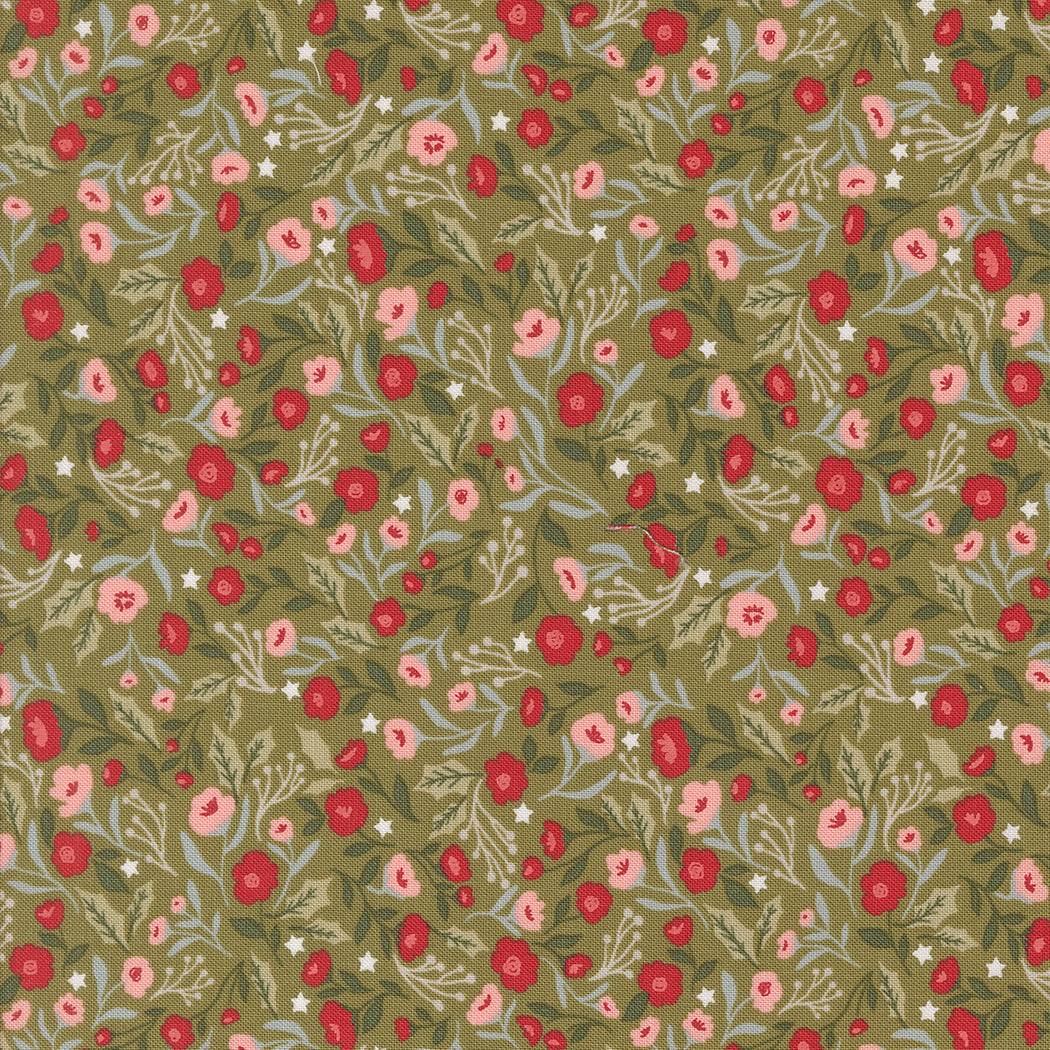 Berry & Pine Christmas fabric with sage background and red floral posies by Vanessa Goertzen for Moda Fabrics